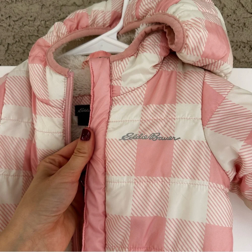 Eddie Bauer Infant Girls Pink Checkered Puffer Snowsuit 6-9M Hooded Sherpa Lined